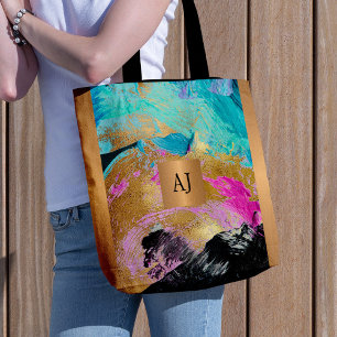 Tote Bag Brush art moderne traits noir or monogrammed