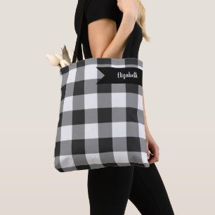 Tote Bag Buffalo Check blanc et noir Carrés plaid