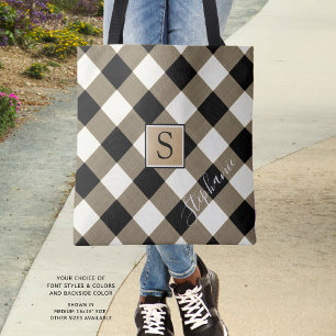 Tote Bag Buffalo Check Plaid Brown Black Monogramme Nom