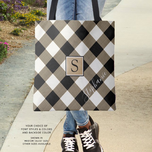 Tote Bag Buffalo Check Plaid Brown Black Monogramme Nom (Créateur téléchargé)