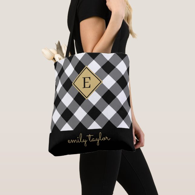 Tote Bag Buffalo Check Plaid Monogramme Nom noir et blanc (De près)