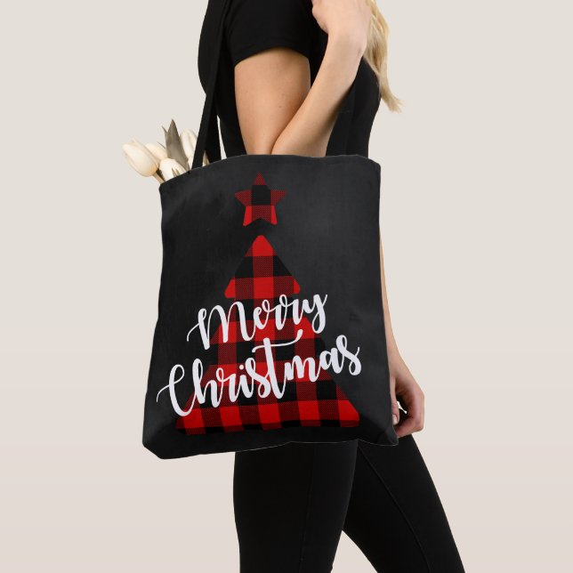 Tote Bag Buffalo Plaid Christmas Tree (De près)