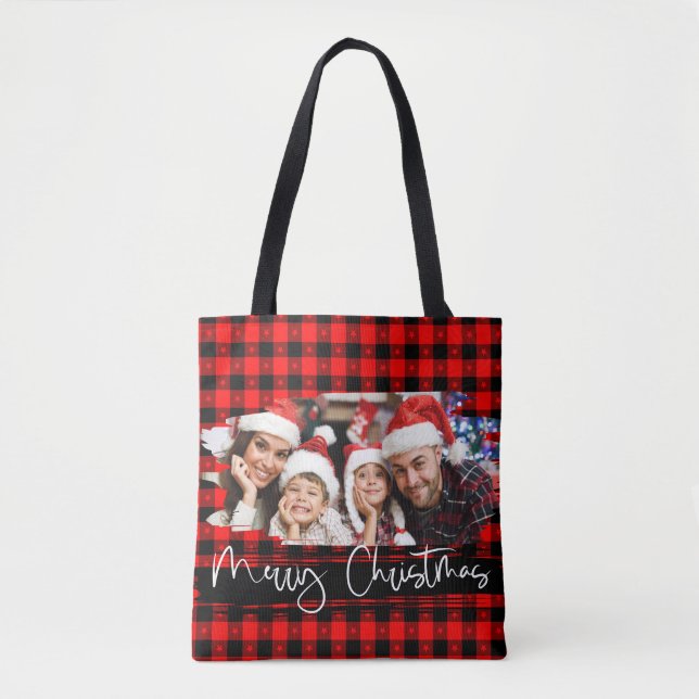 Tote Bag Buffalo Plaid Grunge Photo personnalisée Noël (Devant)