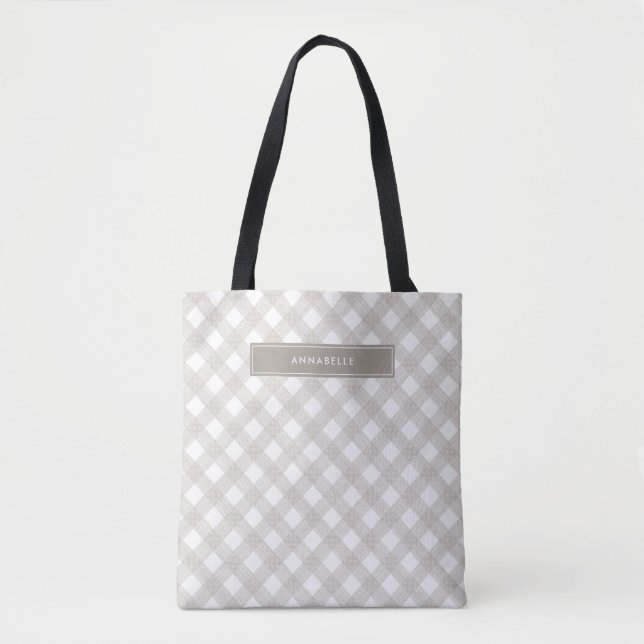 Tote Bag Buffalo tartan moderne beige naturel personnalisé (Devant)