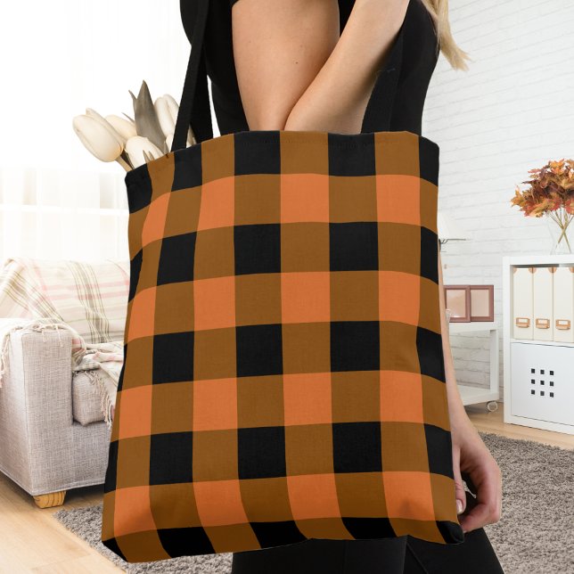 Tote Bag Buffle noir et orange plaid automne (Black and Orange Buffalo Plaid Autumn Fall Tote Bag)