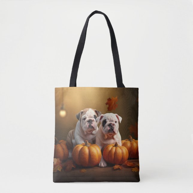 Tote Bag Bulldog Chiot Automne Citrouille de plaisir (Devant)