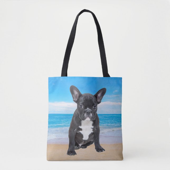 Tote Bag Bulldog Français Assis Sur La Plage (Devant)