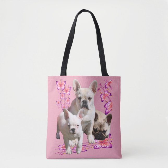Tote Bag Bulldog français avec trois bulldogs en rose (Devant)