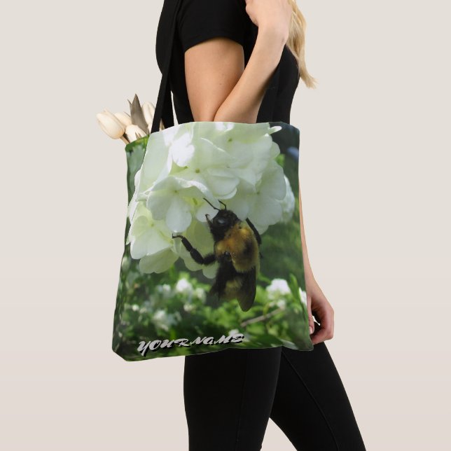 Tote Bag Bumble Bee sur Snowball bush et votre nom (De près)