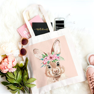 Tote Bag Bunny D'Aquarelle Rose Pastel Moderne Avec Fleurs