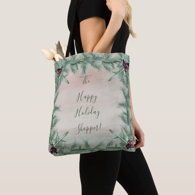 Tote Bag Burgundy Berry Holly Pine Noël (De près)