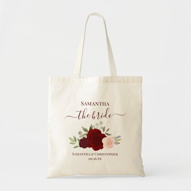 Tote Bag Burgundy Blush Boho Roses Elegant Bride Wedding (Devant)