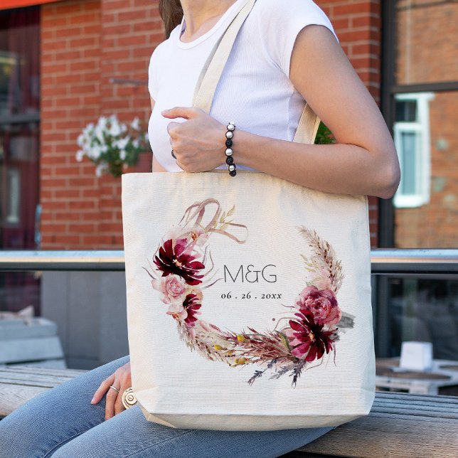 Tote Bag Burgundy Blush Floral Pampas Grass Mariage (Créateur téléchargé)