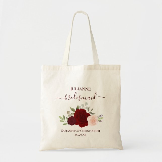 Tote Bag Burgundy & Blush Roses Bridesmaid Wedding Favor (Devant)