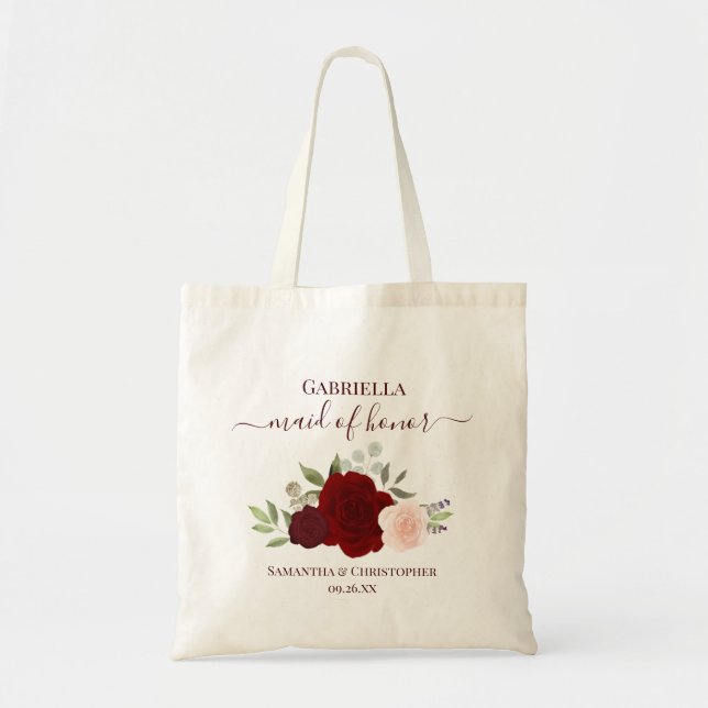 Tote Bag Burgundy Blush Roses Elegant Maid of Honor Wedding (Devant)