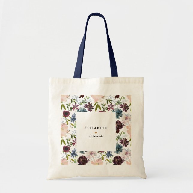 Tote Bag Burgundy Marine Floral Modèle Personnalisé Mariée (Devant)