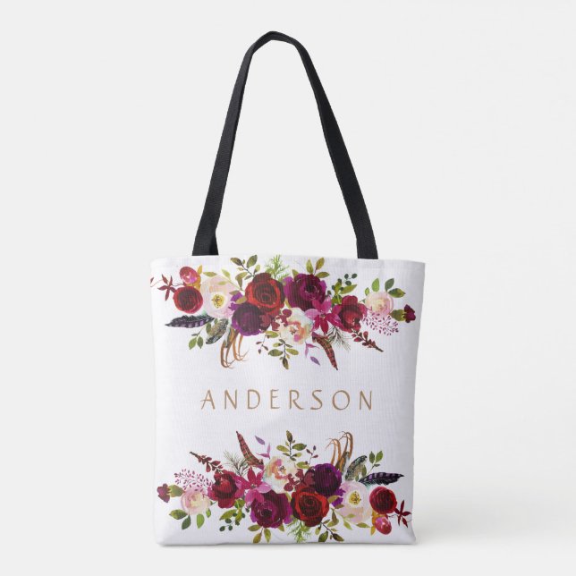 Tote Bag Burgundy Marsala Aquarelle Bohème Floral (Dos)