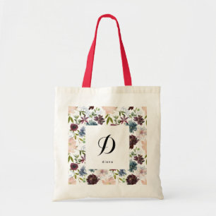 Tote Bag Burgundy Navy Motif Floral Nom personnalisé Initi