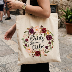 Tote Bag Burgundy Red Blush Floral Wreath Bride Tride