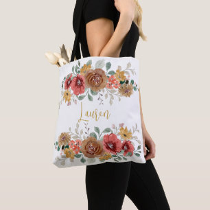 Tote Bag Burning Coral Floral Aquarelle Bouquets Nom