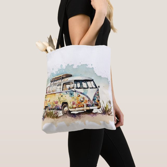Tote Bag Bus Hippie Floral Retro (De près)