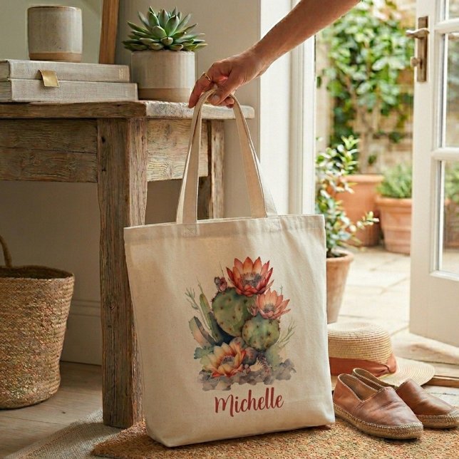 Tote Bag Cactus à Fleurs Orange/Rouge Avec Nom (Créateur téléchargé)