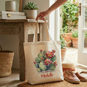 Tote Bag Cactus à fleurs rouges avec nom
