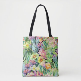 Tote Bag Cactus en floraison, motif aquarelle transparent.