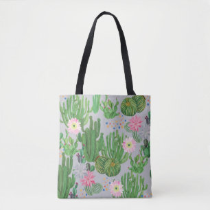 Tote Bag Cactus et fleurs, aquarelle peinture transparente.