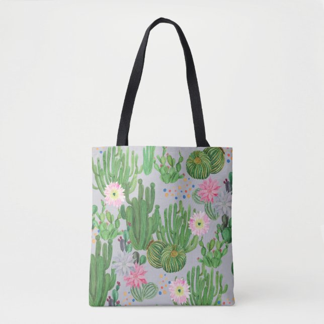 Tote Bag Cactus et fleurs, aquarelle peinture transparente. (Devant)