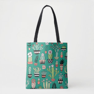 Tote Bag Cactus Fleuris Fond Vert Vintage
