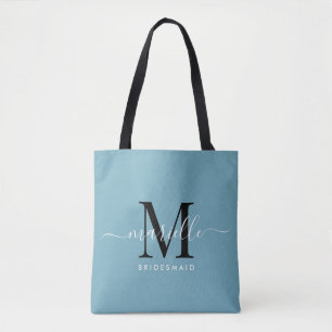 Tote Bag Cadeau Bridesmaid Blanc Noir Monogramme Dusty Bleu