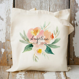 Tote Bag Cadeau de demoiselle d'honneur floral pêche et ros