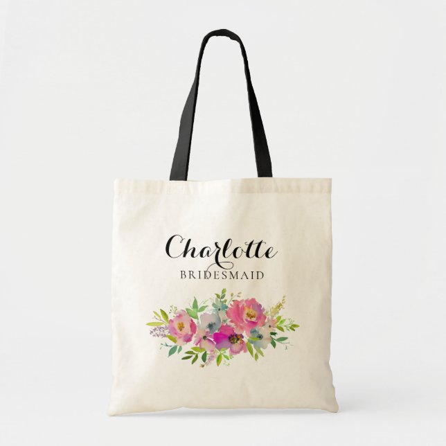 Tote Bag Cadeau de mariage rose floral de demoiselle (Devant)