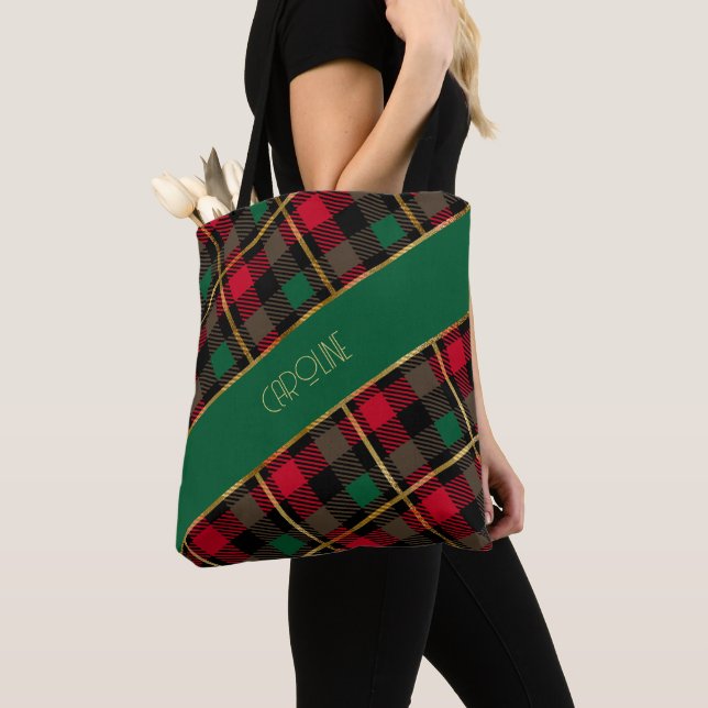 Tote Bag Cadeau de Noël élégant boho à motif carreaux rouge (De près)