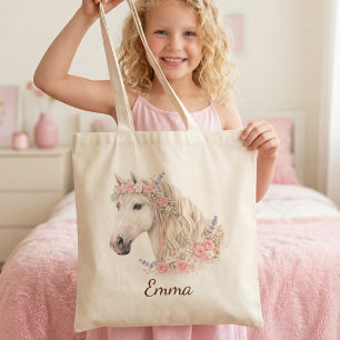 Tote Bag Cadeau de nom de cheval blanc floral rose pour fil