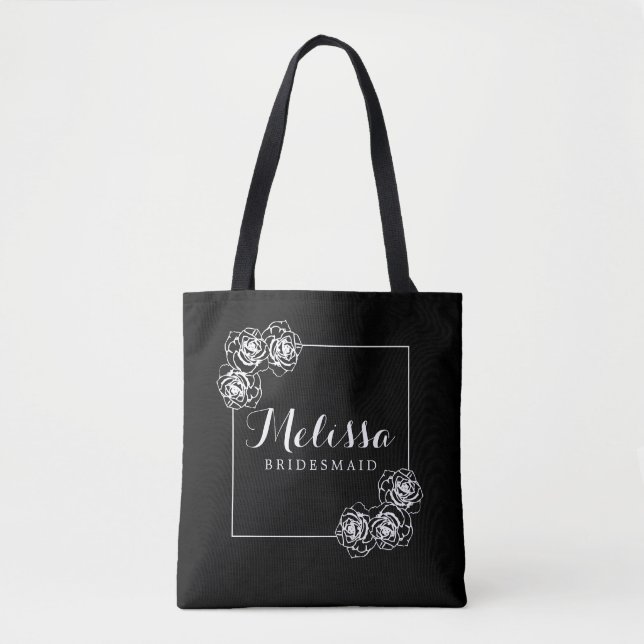 Tote Bag Cadeau Élégant Noir & Blanc Rose Bridesmaid (Devant)