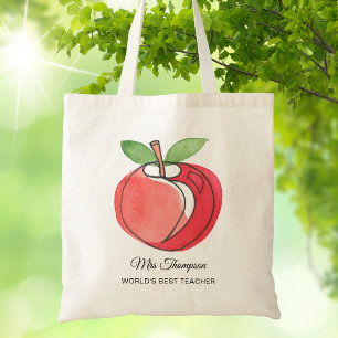 Tote Bag Cadeau Enseignant Nom Personnalisé Aquarelle Pomme