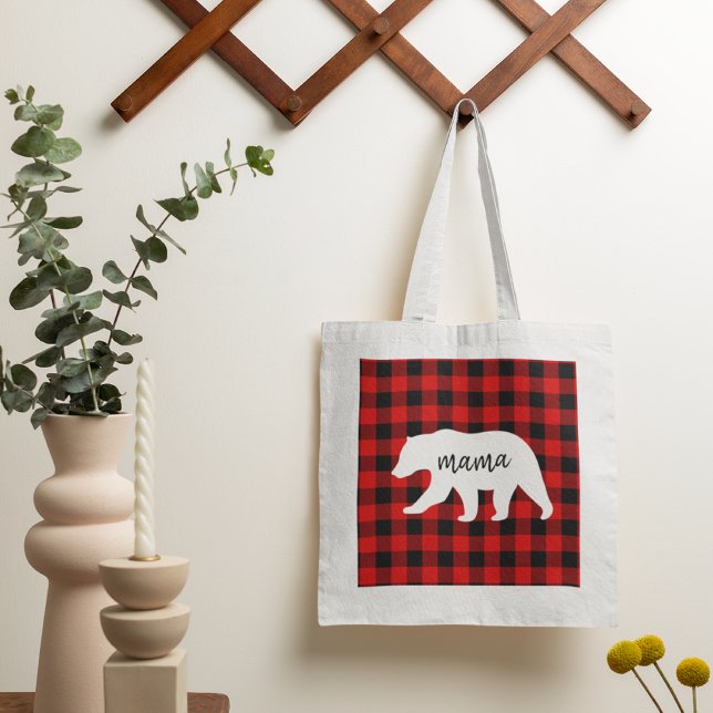 Tote Bag Cadeau moderne Rouge Plaid Et Blanc Mama Ours (Créateur téléchargé)