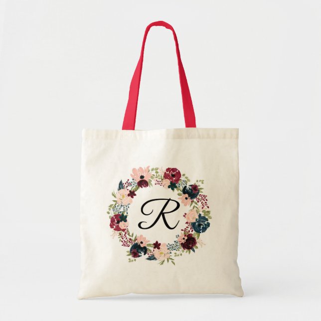 Tote Bag Cadeau personnalisé boho floral bordeaux et marine (Devant)