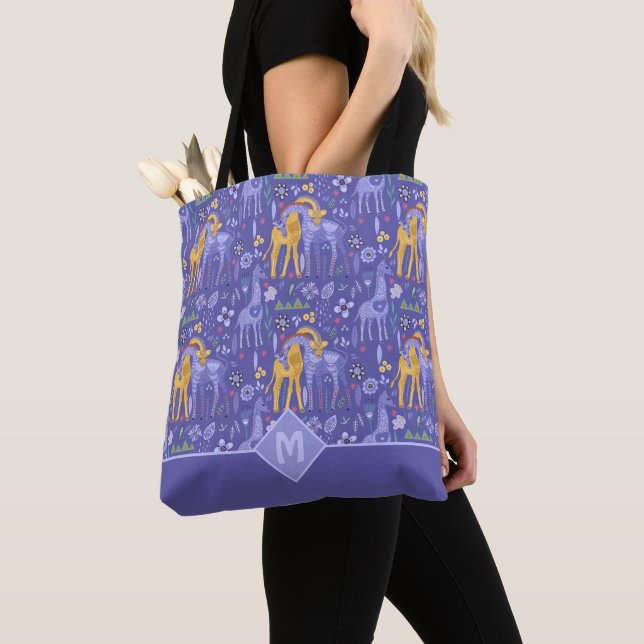 Tote Bag Cadeau Whimsical violet Turquoise Giraffes Jaunes (De près)