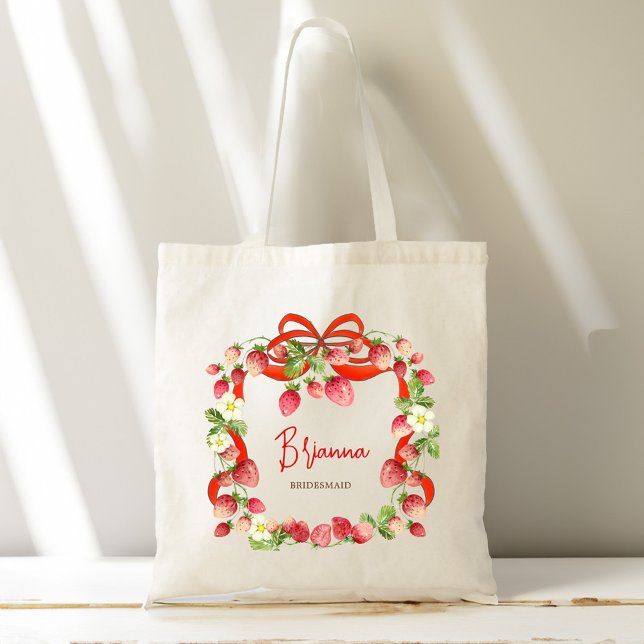 Tote Bag Cadeaux personnalisés de demoiselles d'honneur coq (Strawberry ribbon coquette bow personalized bridesmaid gifts monogrammed tote bag)