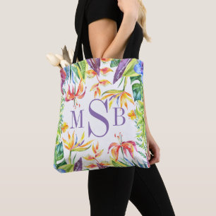 Tote Bag Cadre de fleurs tropicales colorées Monogramme