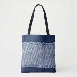 Tote Bag Cadre de jean bleu denim fringé.