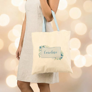 Tote Bag Cadre de nom floral aquarelle bleu-vert pour demoi