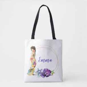 Tote Bag Cadre en Or Sirène Monogramme Personnalisé Floral