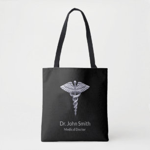 Tote Bag Caducée Médicale Silver Classy sur Noir