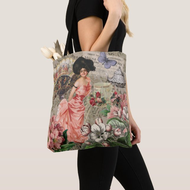 Tote Bag Café Lady Victorian Femme Rose Classy (De près)