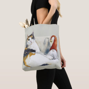 Tote Bag Calico Cat Gnome & Tortoiseshell Aquarelle