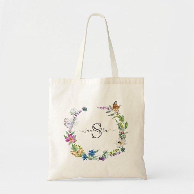 Tote Bag Calligraphie de monogramme Papillons Fleurs (Devant)